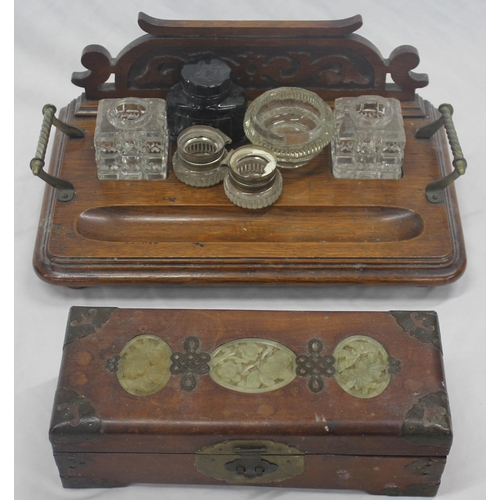 56 - DESK TIDY TRAY, INK WELLS, PART BOTTLE OF PARKER QUINK AND JEWELLERY BOX WITH METALWORK