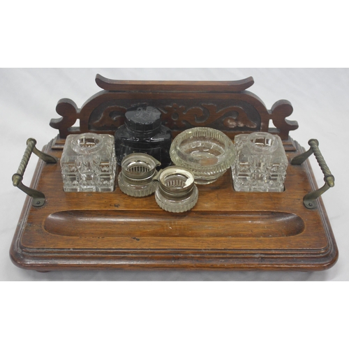 56 - DESK TIDY TRAY, INK WELLS, PART BOTTLE OF PARKER QUINK AND JEWELLERY BOX WITH METALWORK