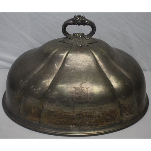 72 - 3 SILVER PLATED ITEMS INCLUDING DOME MEAT COVER, PLUS SET OF COPPER MEASURES