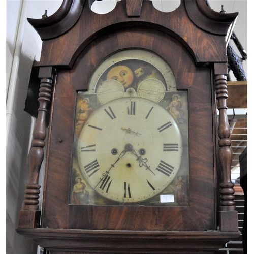 93 - LONG CASE 8 DAY GRANDFATHER CLOCK WITH MAHOGANY CASE AND MOON PHASE WITH PENDULUM AND WEIGHTS