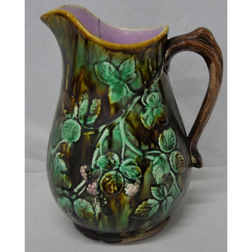 220 - MASON'S JUG AND BOWL, 2 JUGS INCLUDING c1870 MAJOLICA (CRACKED)