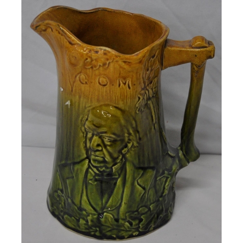 220 - MASON'S JUG AND BOWL, 2 JUGS INCLUDING c1870 MAJOLICA (CRACKED)