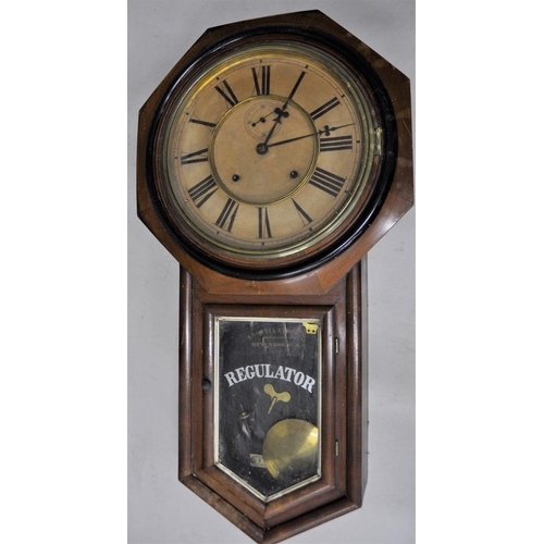 185 - 2 WALL CLOCKS - REGULATOR CLOCK AND INLAID MAHOGANY CASED CLOCK