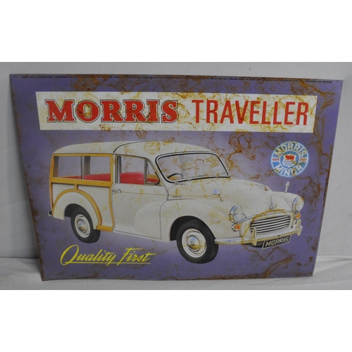 123 - 4 TIN ADVERTISMENT PLAQUES - TRUIMPH HERALD, MORRIS TRAVELLER, LAND ROVER AND ROYAL ENFIELD