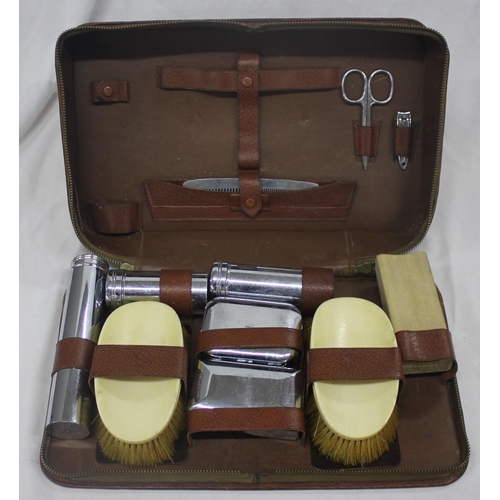 141 - BOX OF VINTAGE GENTLEMENS' LEATHER VANITY CASES WITH TINS