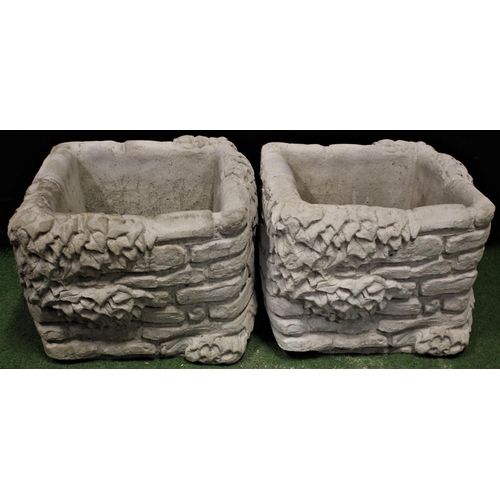 147 - PAIR STONEWORK BRICK PLANTERS FESTOONED WITH IVY (37cm)