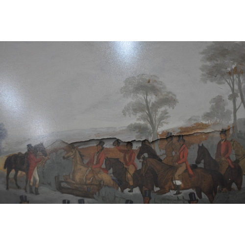 149 - FRAMED OIL ON CANVAS OF A HUNT GATHERING - NOT SIGNED (SOME PAINT LIFTING) 35