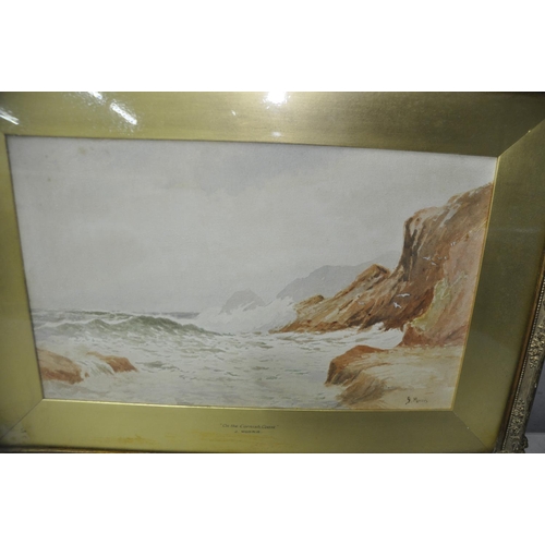 151 - FRAMED WATERCOLOUR 'ON THE CORNISH COAST' BY J MORRIS 17.5