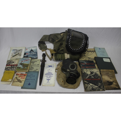 232 - BOX OF MISCELLANEOUS - GAS MASK, BABIES' GAS MASK, BAYONNET, BOOKS INCLUDING 'KNOW YOUR WEAPON'