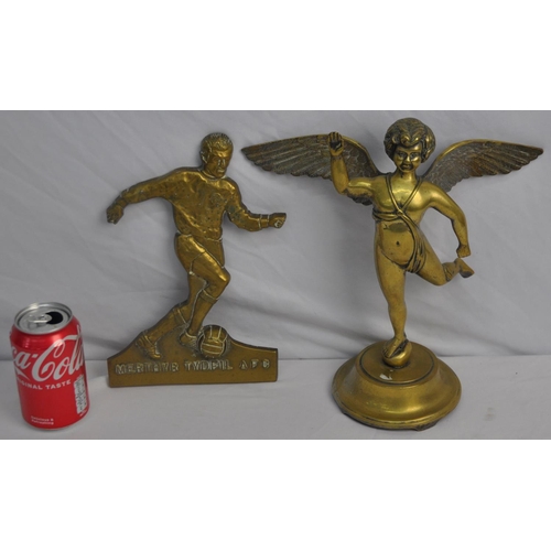 243 - BRASS CHERUB FIGURINE AND BRASS MERTHYR TYDFIL AFC FOOTBALLER PLAQUE