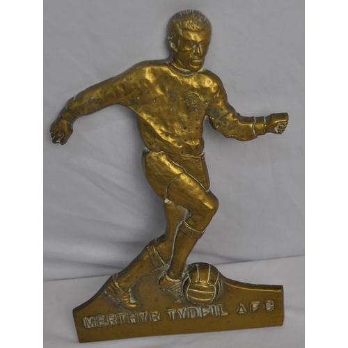 243 - BRASS CHERUB FIGURINE AND BRASS MERTHYR TYDFIL AFC FOOTBALLER PLAQUE