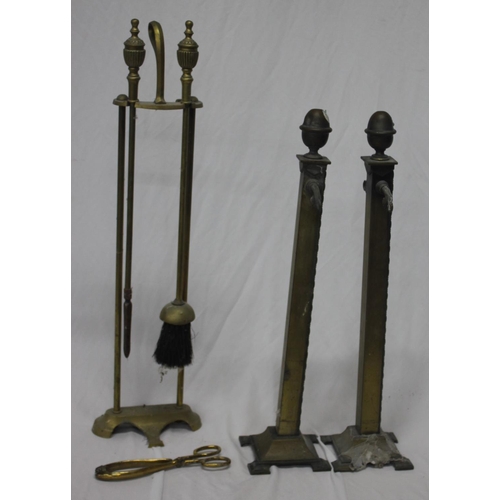 252 - 2 BRASS HELMET COAL SCUTTLES AND FIRE COMPANION STANDS - INCOMPLETE