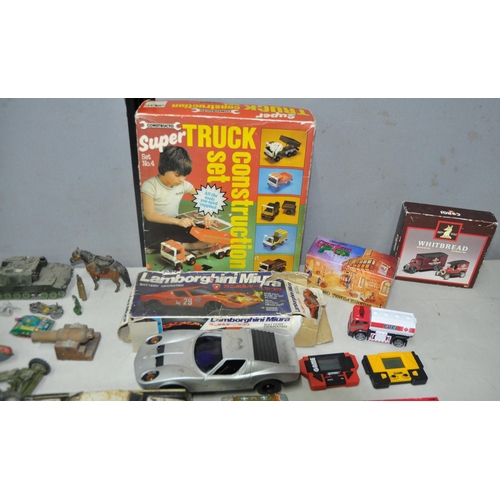 274 - BOX OF VARIOUS TOYS AND DIE CAST ARMY VEHICLES