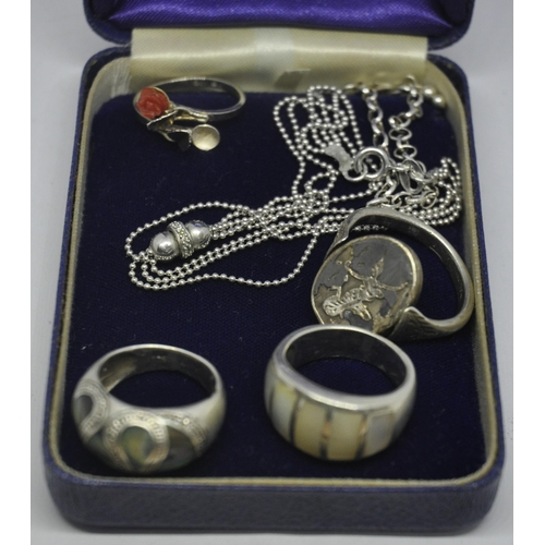 383 - SILVER/SILVER COLOURED ITEMS: RINGS, BRACELET, BABY BRACELET - SOME HALLMARKS NOT CLEAR