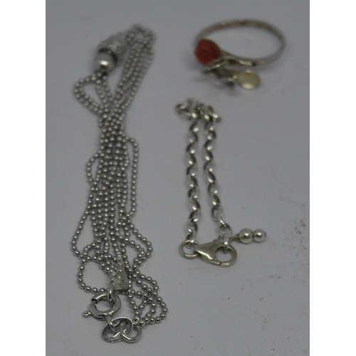 383 - SILVER/SILVER COLOURED ITEMS: RINGS, BRACELET, BABY BRACELET - SOME HALLMARKS NOT CLEAR