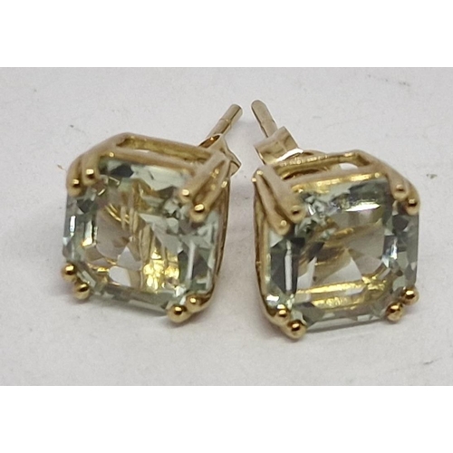 388 - PAIR OF SQUARE PALE STONE SET STUD EARRINGS - MARKED 9kt (2.5g)