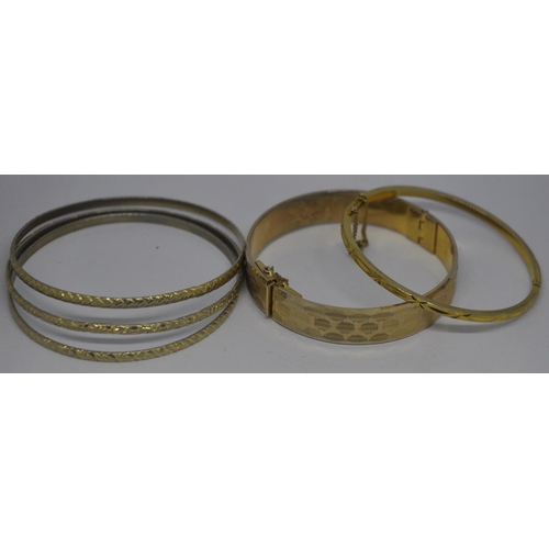 356 - BOX OF VARIOUS GOLD & SILVER COLOURED BANGLES, 2 GENTS RINGS (1 SET STONE) & 2 LADIES M&... 