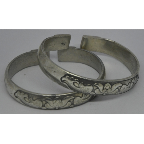 356 - BOX OF VARIOUS GOLD & SILVER COLOURED BANGLES, 2 GENTS RINGS (1 SET STONE) & 2 LADIES M&... 