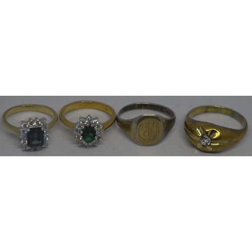 356 - BOX OF VARIOUS GOLD & SILVER COLOURED BANGLES, 2 GENTS RINGS (1 SET STONE) & 2 LADIES M&... 