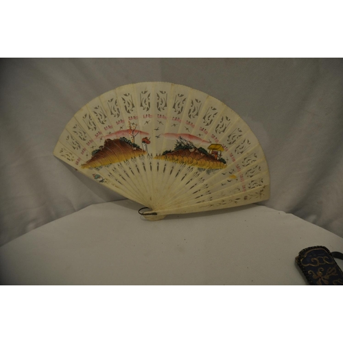 300 - 4 ANTIQUE FANS AND CHINESE EMBROIDERED FAN HOLDER