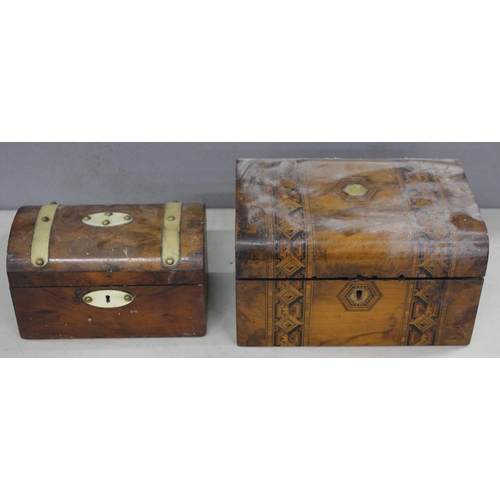 324 - 3 SMALL BOXES - CHEST TYPE TEA CADDY - NO FITTINGS, INLAID JEWELLERY BOX, ORIENTAL STYLE STORAGE BOX