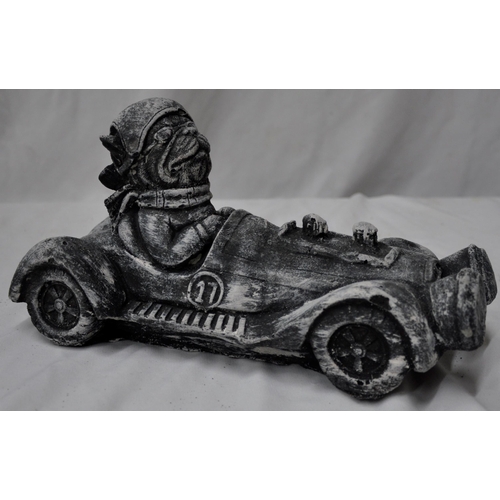 333 - 3 GARDEN ORNAMENTS - DOG IN RACE CAR, DOG AND HEDGEHOG