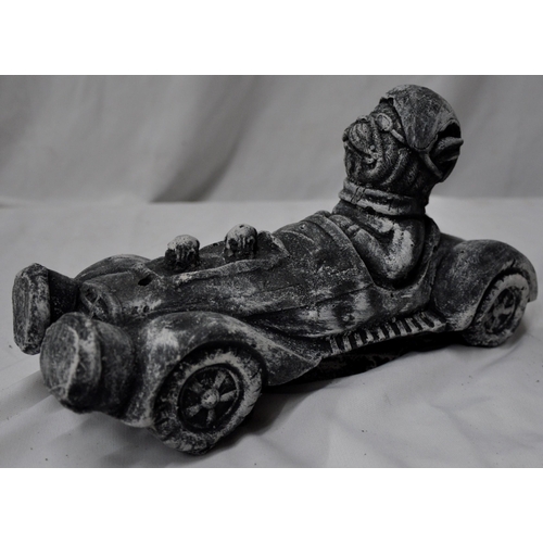 333 - 3 GARDEN ORNAMENTS - DOG IN RACE CAR, DOG AND HEDGEHOG