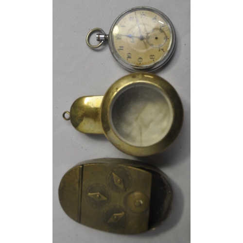 369 - POCKET WATCH (DAMAGED), MINER'S BRASS POCKET WATCH CASE AND 3 BRASS SNUFF BOXES (1 DAMAGED)