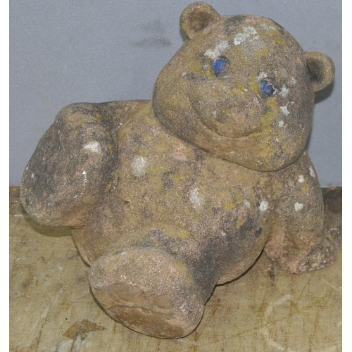 40 - 2 CONCRETE GARDEN ORNAMENTS - FROG ON MUSHTOOM, TEDDY BEAR AND METAL COCKERELL