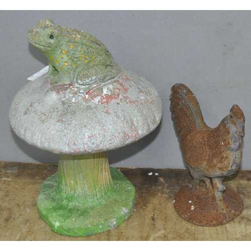 40 - 2 CONCRETE GARDEN ORNAMENTS - FROG ON MUSHTOOM, TEDDY BEAR AND METAL COCKERELL