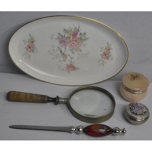 91 - ROYAL DOULTON TRAY CONTAINING MISCELLANEOUS - INCLUDING SILVER NAPKIN RING, 2 SILVER FORKS, SILVER S... 