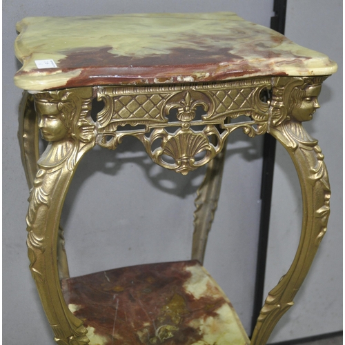 111 - GILT METAL BASE, ONYX TOP SIDE TABLE WITH ONYX UNDER-SHELF