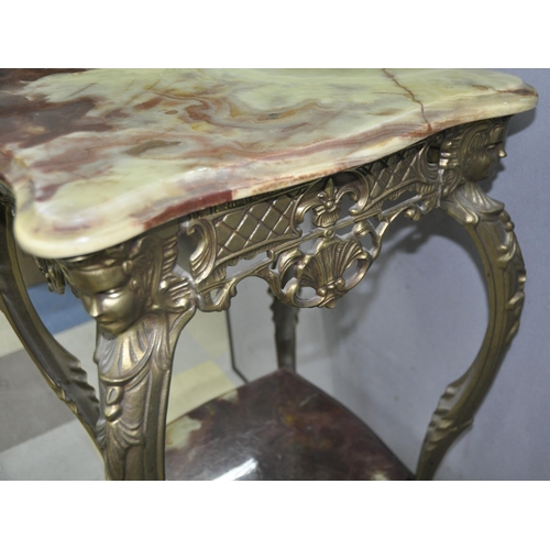 111 - GILT METAL BASE, ONYX TOP SIDE TABLE WITH ONYX UNDER-SHELF