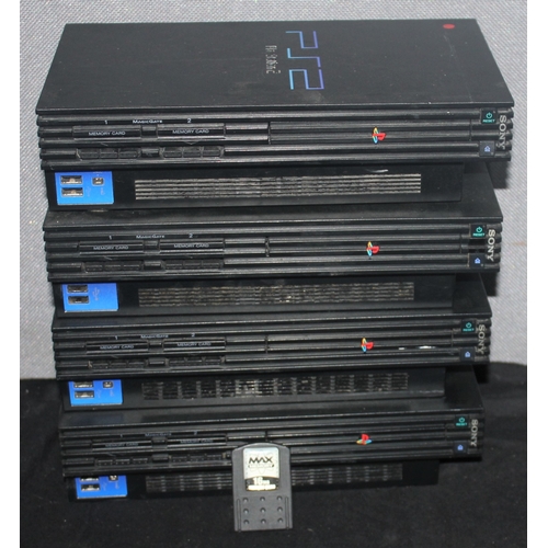 130 - 4 PLAYSTATION 2 GAMES CONSOLES (1 MARKED AS FAULTY) & +MAX MEMORY 16MB MEMORY CARD