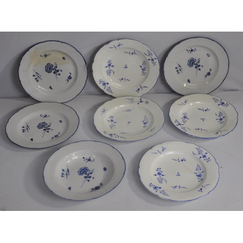 433 - 7 FRENCH CHANTILLY PORCELAIN PLATES PAINTED BLUE 'CHANTILLY SPRIGS - SEE PHOTOS FOR CONDITION