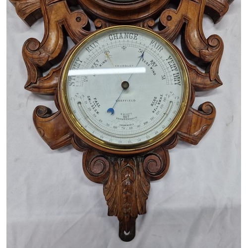 71 - CARVED WOOD CHUMBLEY BAROMETER & CLOCK (1 GLASS MISSING)