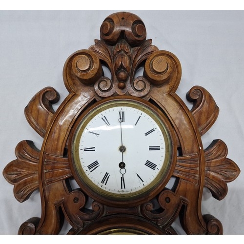 71 - CARVED WOOD CHUMBLEY BAROMETER & CLOCK (1 GLASS MISSING)