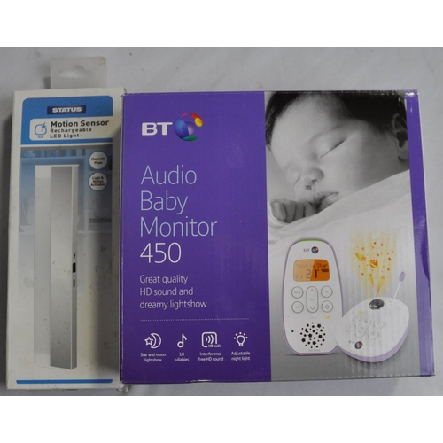 52 - BT AUDIO BABY MONITOR 450, USB TRAVEL CHARGE, MOTION SENSOR RECHARGEABLE LED LIGHT & 4 PIECE SEC... 