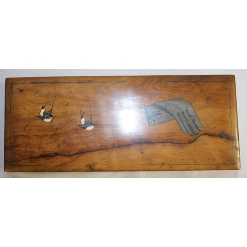 62 - OLIVE WOOD GLOVE BOX WITH INLAY AND VARIOUS CUTLERY AND JEWELLERY BOXES