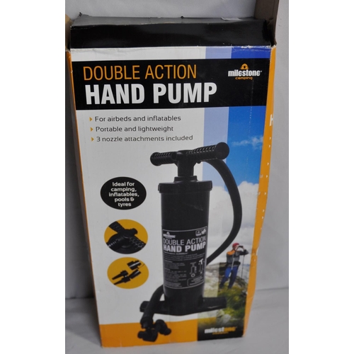 128 - 2 DOUBLE ACTION HAND PUMPS (1 BOXED) & 2 HAND PUMPS