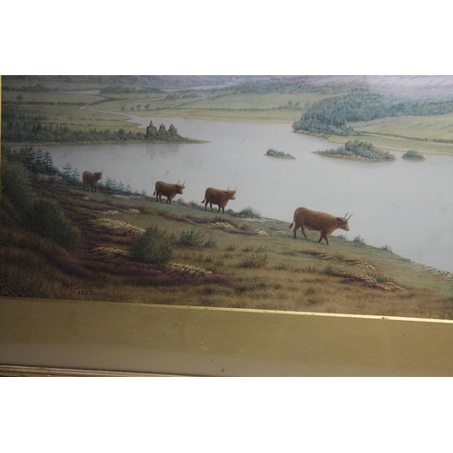 153 - FRAMED WATERCOLOUR OF HIGHLAND CATTLE BY A LAKE SIGNED ALF S WATSON 1923