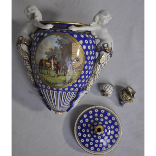 156 - SEVRE HAND PAINTED VASE, 3 EARLY DERBY PLATES AND SWANSEA HAND PAINTED PLATE - ALL DAMAGED