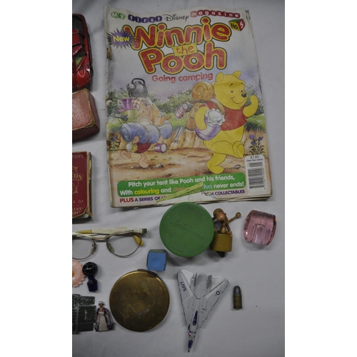 181 - BOX OF COLLECTABLES - TOYS, GLASSES, DOMINOES, GULLOTINE, ETC