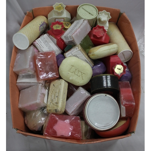 204 - CRATE AND BOX CONTAINING LANTERNS, BUTTONS, OLD SOAPS, POWDER PUFF ETC