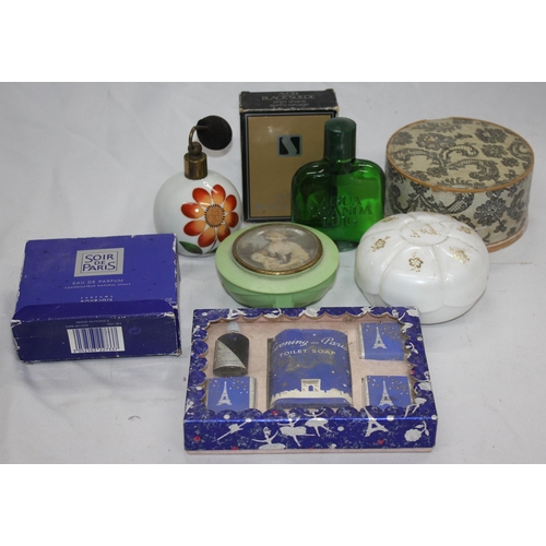 204 - CRATE AND BOX CONTAINING LANTERNS, BUTTONS, OLD SOAPS, POWDER PUFF ETC