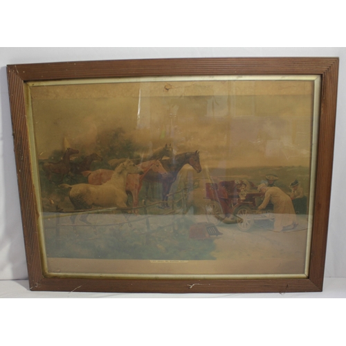 214 - PRINT OF HORSES AND EARLY MOTOR CAR, 3 HUNTING SCENE PRINTS IN SINGLE FRAME, HORSE HEAD PAINTING 