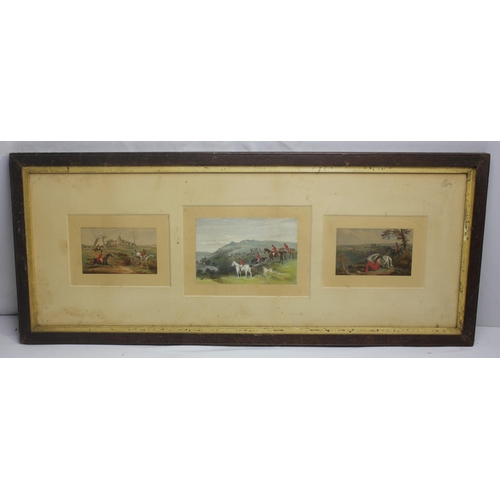 214 - PRINT OF HORSES AND EARLY MOTOR CAR, 3 HUNTING SCENE PRINTS IN SINGLE FRAME, HORSE HEAD PAINTING 