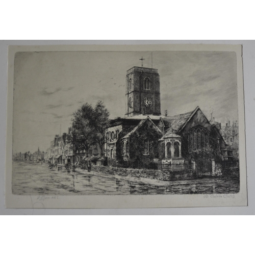 217 - ENGRRAVING OF A CHURCH BY ELIZABETH PIPER AND PENCIL ETCHINGS OF A PALACE SIGNED McKENZIE XMAS 1877