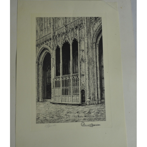 217 - ENGRRAVING OF A CHURCH BY ELIZABETH PIPER AND PENCIL ETCHINGS OF A PALACE SIGNED McKENZIE XMAS 1877