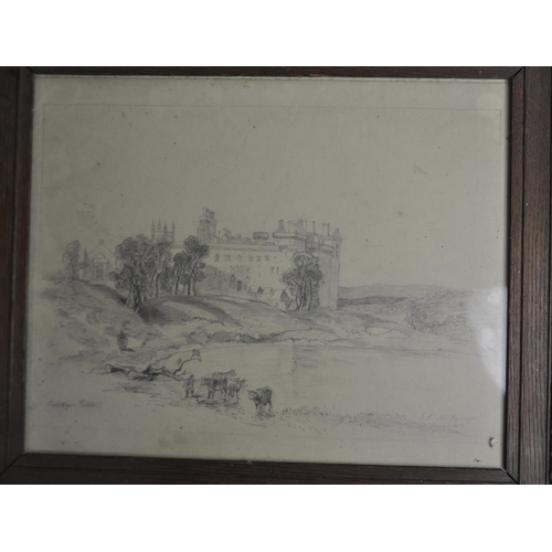 217 - ENGRRAVING OF A CHURCH BY ELIZABETH PIPER AND PENCIL ETCHINGS OF A PALACE SIGNED McKENZIE XMAS 1877